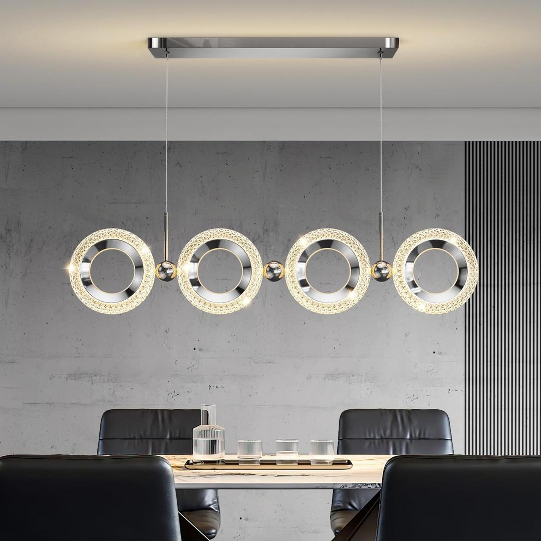 Dimmable Modern LED Chandelier with Remote Control, 3000K-6500K Acrylic Dining Room Light Fixtures Over Table, Gold Linear Pendant Light for Kitchen Island (Chrome)