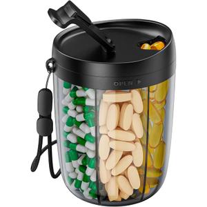PULIV Large Pill Bottle Organizer for Holding 6 Various Vitamins without Filling Hassle, Supplement Organizer for Travel, Anti-Mixing Pill Box Case with Wide Opening for Easy Pill Retrieval, 20 Labels (Black)