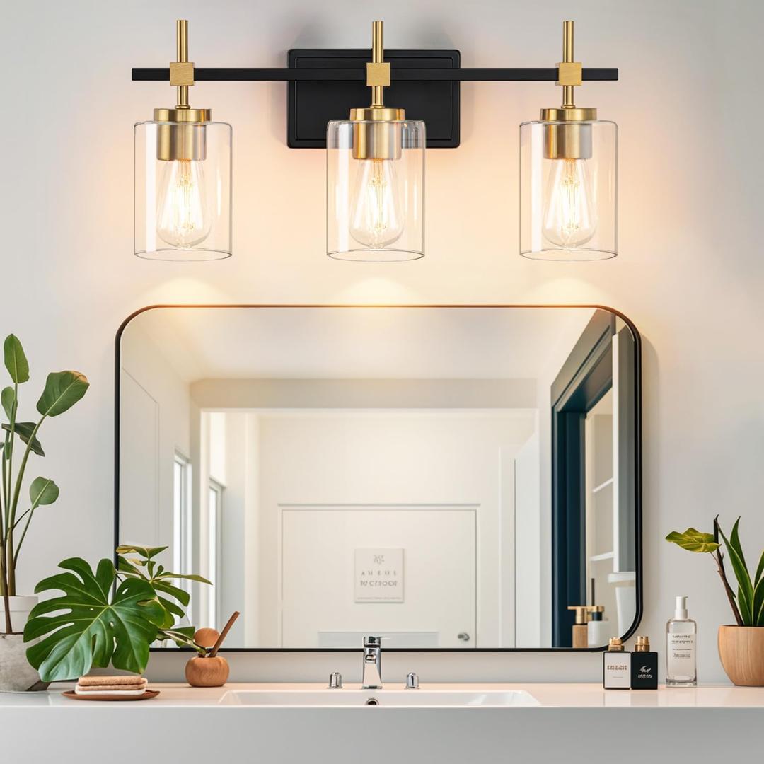 Bathroom Vanity Lights, Black Gold 3 Lights, E26 Socket with Clear Glass Shade, Modern & Vintage Style Vanity Light for Bathroom, Powder Room, Dressing Room