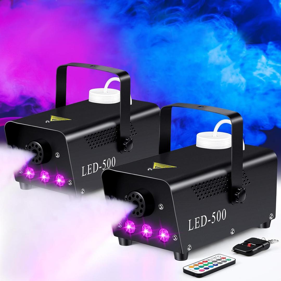 Retisee 2 Set 500 Wattage Fog Machine Halloween with 3 Colorful LED Lights Wireless Remote Control Fog Machine with Power Cord, Receiver and Manual for Wedding Parties DJ Stage Effect (Practical Style)