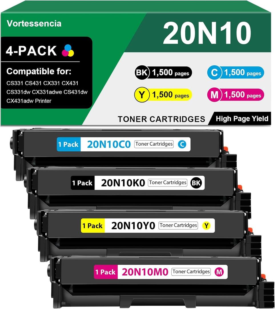 20N10 CS331 CX331 Toner Cartridge 20N10K0 20N10C0 20N10M0 20N10Y0 Toner Cartridges Compatible for Lexmark CS331 CS431 CX331 CX431 CS331dw CX331adwe CS431dw CX431adw Printer 4 Pack