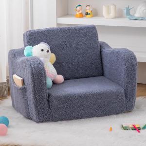 Toddler Baby Chair Couch Sofa Kids Foldable 2-in-1 Sherpa Fold Out Couch Bed Toddler Chairs Comfy for Boys & Girls Convertible Kids Furniture Lounge Chair for Playroom with Double Pockets, Dark Grey