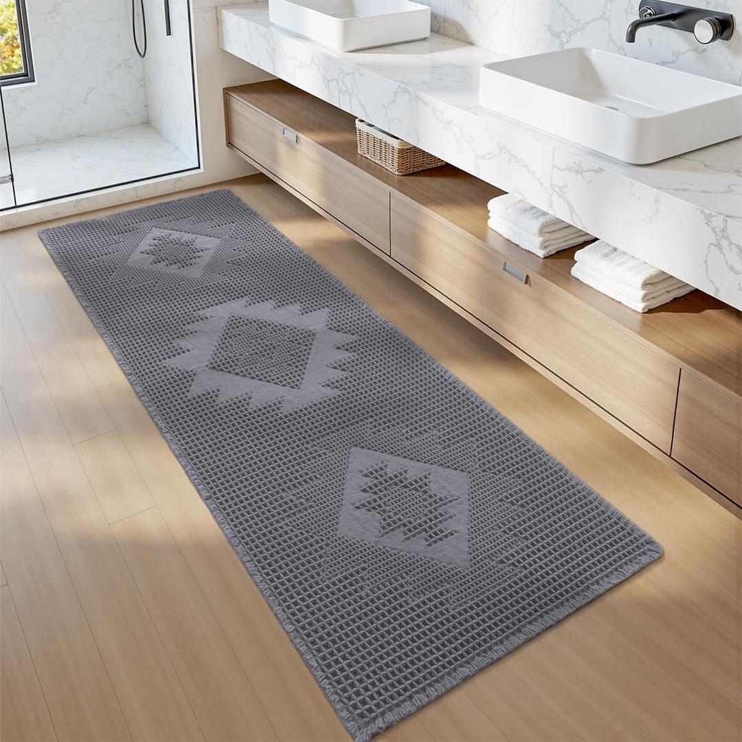 COCOER Waffle Bathroom Runner Rug, Super Absorbent Bath Mat, Machine Washable Non Slip Bath Rug with Tassels, Soft Bathroom Mat for Laundry Room Bedside Hallway, Grey 24" x 48"