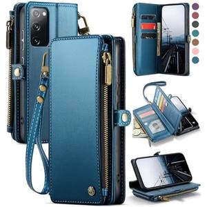 Defencase Samsung Galaxy S20 FE 5G Case, RFID Blocking Wallet for Women & Men, Zipper Magnetic Flip PU Leather, 10 Card Slots, Cash, Coins, ID, Credit Cards, Wireless Charging, Kickstand, Dark Blue