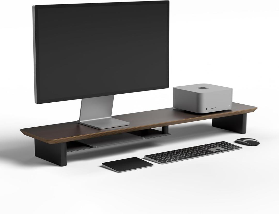 Walnut DualTier Monitor Stand for Modern Desk Setup  Minimalist Wooden Riser Shelf for Dual Monitors, Laptops, Home Office Aesthetic (Dark Walnut, Large)