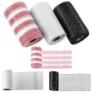 Swpeet 3 Rolls 6 Inches Mesh Ribbon Glitter Metallic Wrapping Ribbon Kit, Glitter Tulle Fabric Spool Ribbon Metallic Foil Mesh Ribbon for DIY Project Wreaths Party Decorations Wrapping Craft