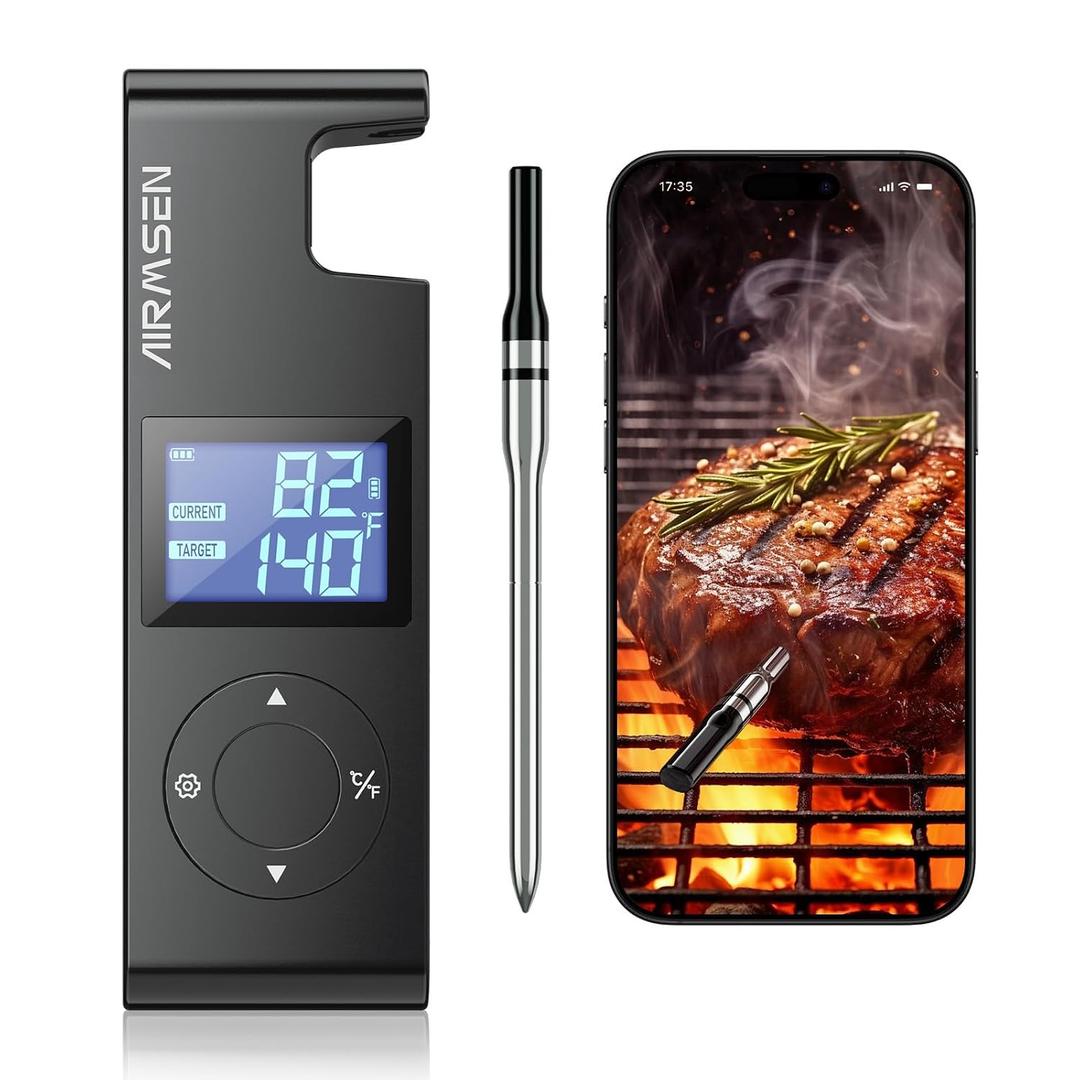 AIRMSEN Wireless Meat Thermometer, 500ft Long Range Cordless Meat Thermometer with Smart LCD Display Standalone Base, High Precision 5.4 Bluetooth with APP & Zirconia Ceramic Handle for BBQ Grill