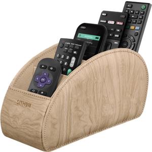 SITHON Remote Control Holder with 5 Compartments - PU Leather Remote Caddy Desktop Organizer Store TV, DVD, Blu-Ray, Media Player, Heater Controllers, Woodgrain Khaki (Small) SITHON Remote Control Holder with 5 Compartments - PU Leather Remote Caddy Desktop Organizer Store TV, DVD, Blu-Ray, Media Player, Heater Controllers, Woodgrain Khaki (Small)