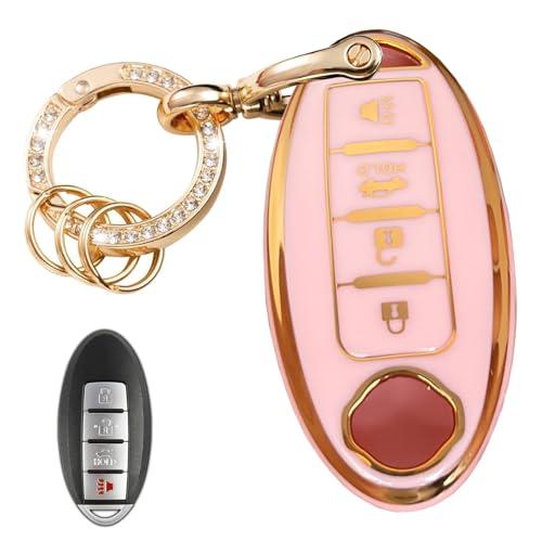 WENHENI Keyless Entry Systems Key for Nissan Key Fob Cover Shell with Keychain Fit for Nissan Altima Maxima Rogue Armada Pathfinder Smart Key (4Buttons Gold-Pink)