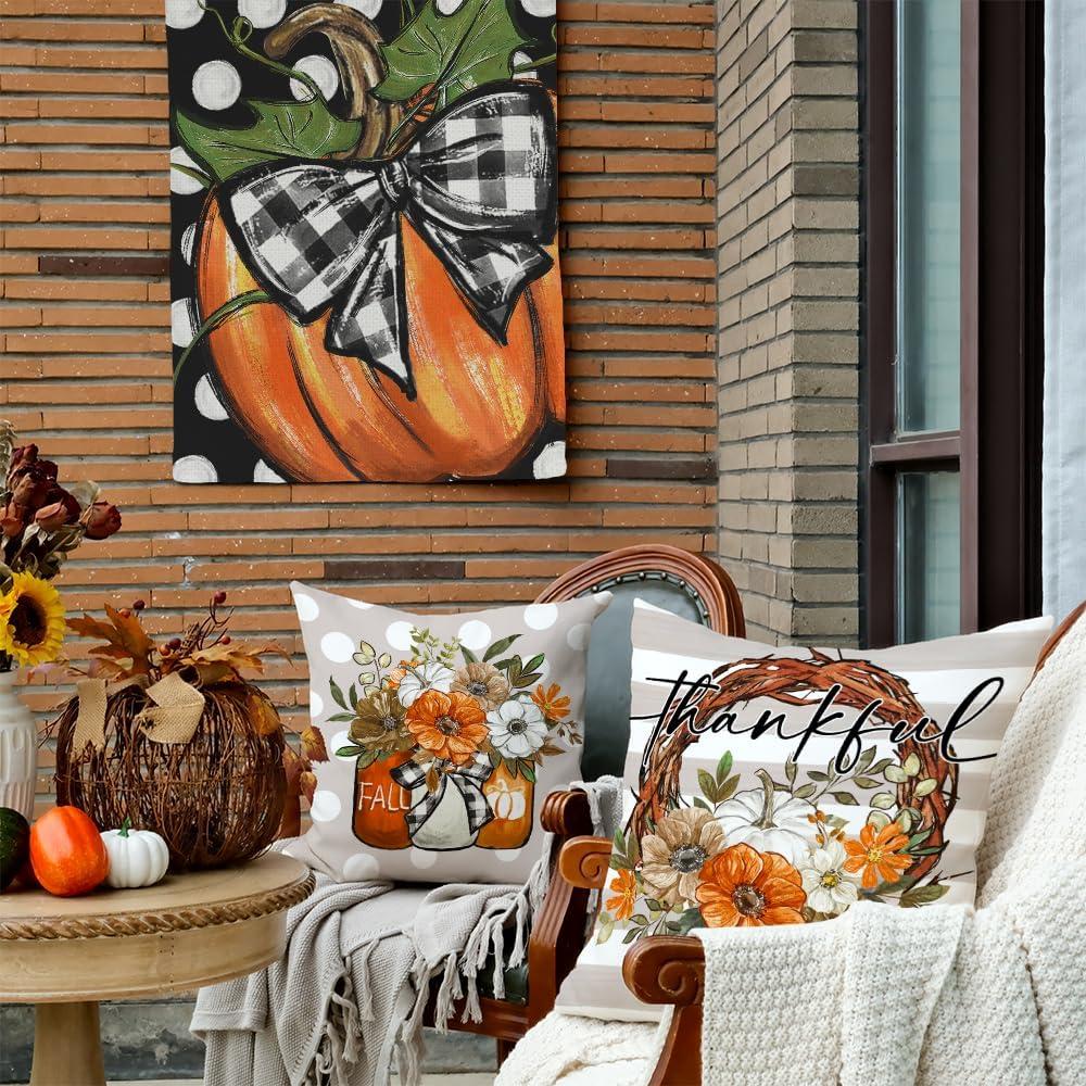 GEEORY Fall Throw Pillow Covers 16x16 Inch Set of 4, Pumpkins Floral Wreath Mason Jars Blessed Autumn Seasonal Decorative Farmhouse Decoration for Home G558-16