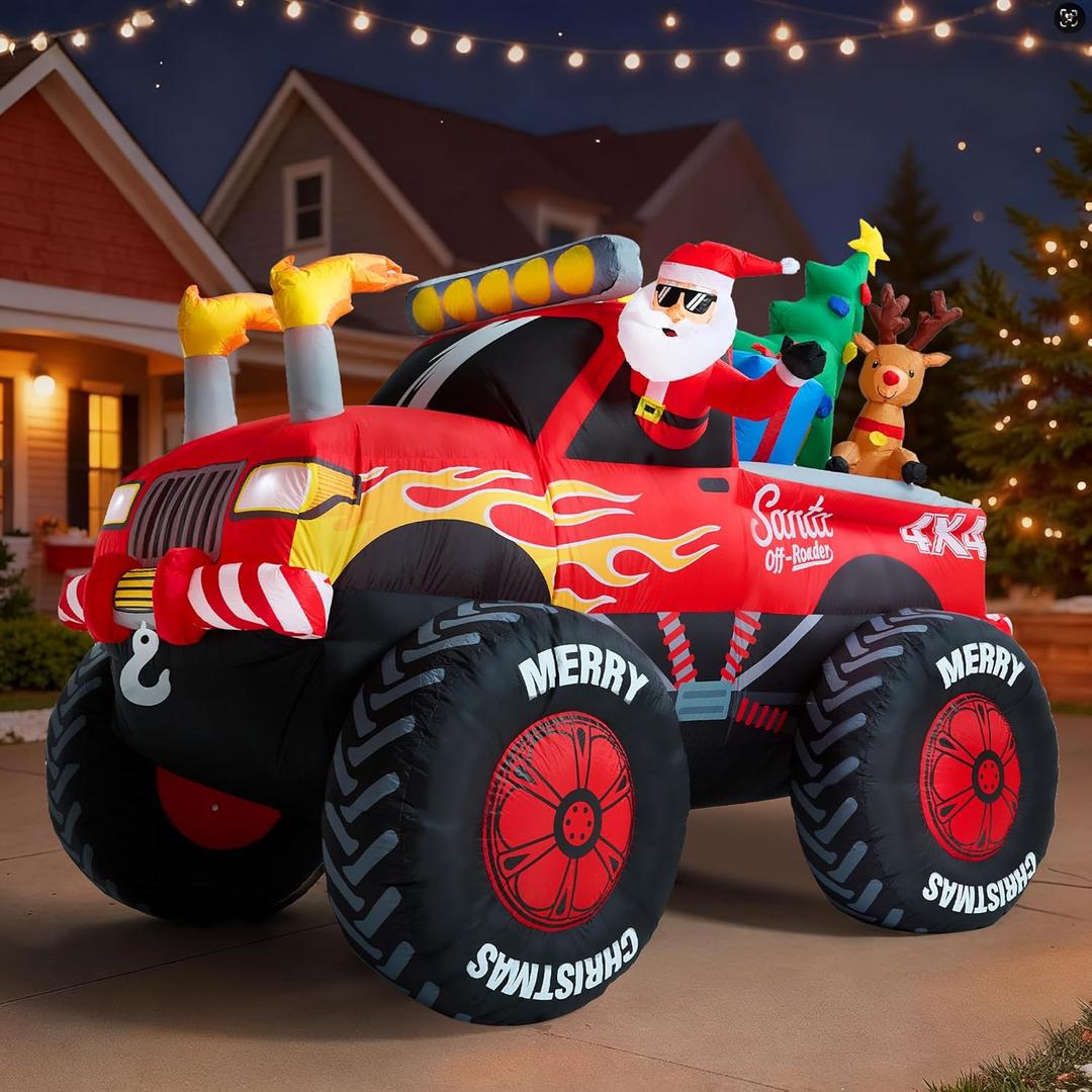 8.5 FT Long Santa in Monster Truck Christmas Inflatables Outdoor Decorations, Christmas Blow Up Santa Claus Yard Decorations for Garden Lawn Xmas Decor