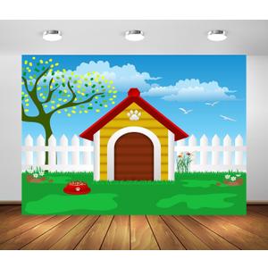 BELECO 8x6ft Fabric Cartoon Pets House Backdrop Doghouse Puppy Dog Cat Party Decorations White Fence Green Grassland Blue Sky Background Pets Theme Party Supplies Banner Birthday Shooting Photo Props (N5-a50718)