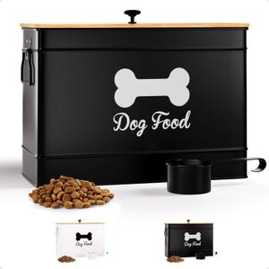 Dog Food Container Airtight 15 lb (50 Cup) Capacity with Metal Scoop - Cute Airtight Dog Food Storage Container with Bamboo Lid - Black Metal Kibble Storage Bin for Dogs up to 100 lbs - Big Pet Jar