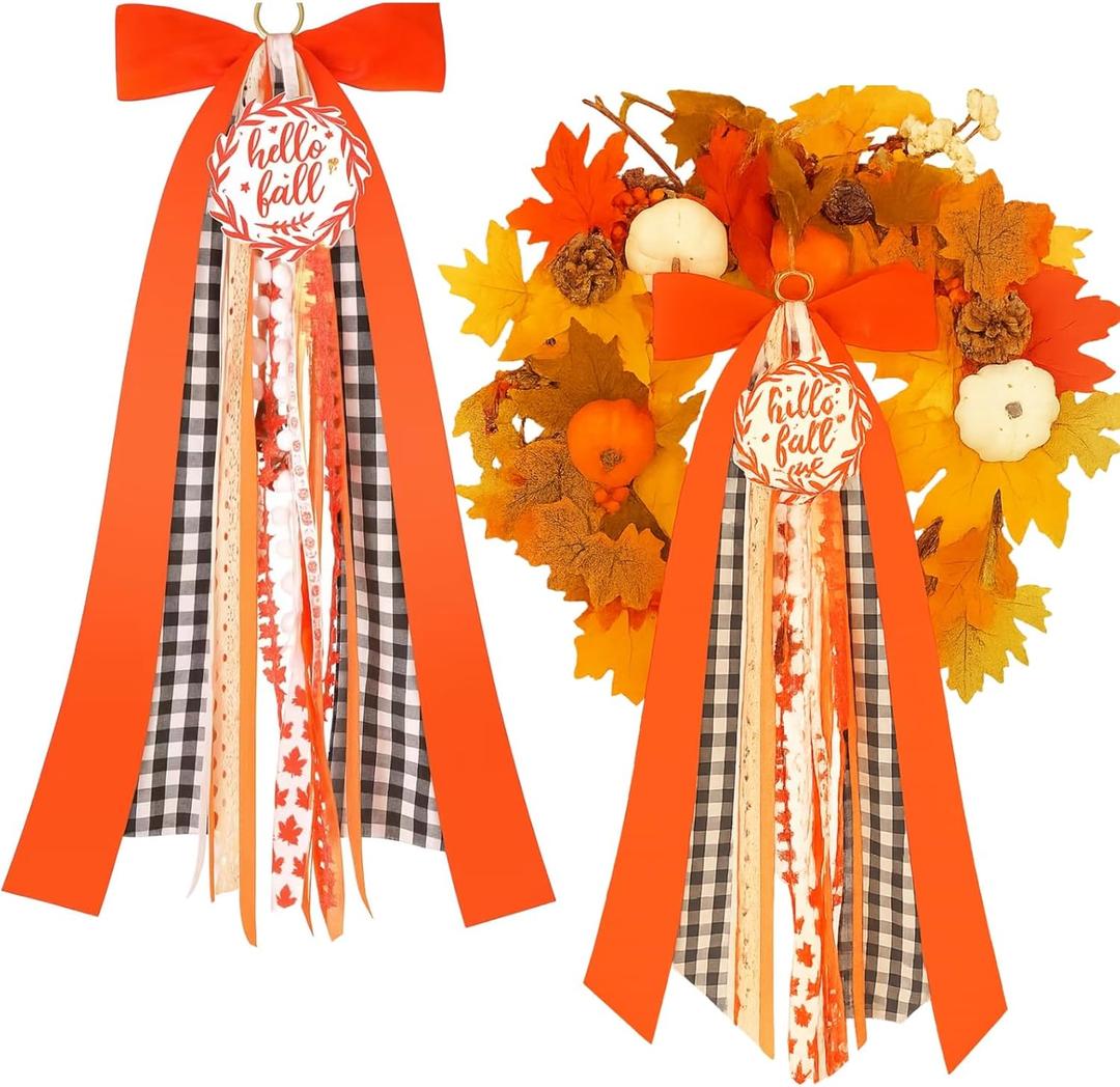 2 Pcs Large Fall Wreath Sashes for Front Door 23.6'' Happy Harvest Ribbon Bundle for Wreath with Bows, Bells & Signs Thanksgiving Assorted Ribbon Bow for Autumn Yard Porch Decoration(Fall)