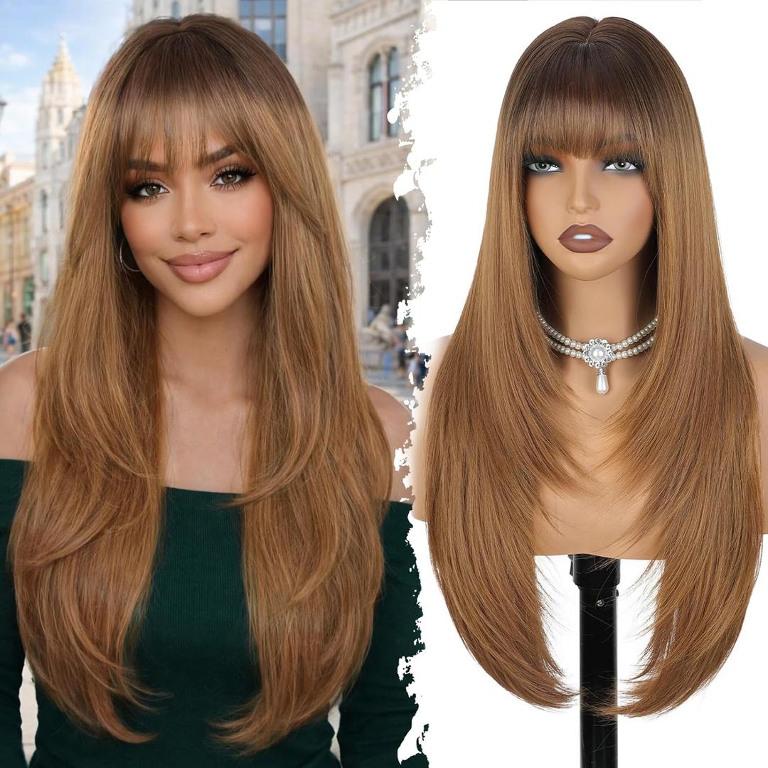XIXIBI Light Brown Wigs with Bangs for Women,Long Layered Hairstyle,4x4 Realistic Scalp,Free Parting,26Inches Synthetic Heat Resistant Wig for Girls Daily Party Use