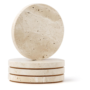 WORHE Natural Travertine Marble Coasters Set of 4-4" Round Stone Drink Coasters, Non-Slip Cork Backing, Housewarming Gift, Wedding, Protect Tables from Stains & Scratches (BD140)