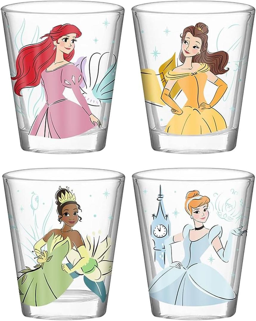 Silver Buffalo Disney Princess Featuring Ariel, Belle, Tiana, and Cinderella 4 Pack Mini Glass Set, 1.5 Ounces
