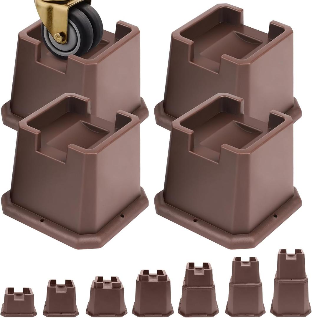 Adjustable Bed Furniture Risers Elevation in Heights Heavy Duty Risers for Both Posts and Wheels of Furniture Sofa Bed Couch Table (Brown 4 Pack, 3 Inch)