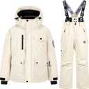 YRAETENM Kids Snowsuit Boys Girls 2 Piece Insulated Waterproof Winter Snowsuits with Hooded Jacket and Ski Bib Overalls (7-8 Years, 01 Beige)