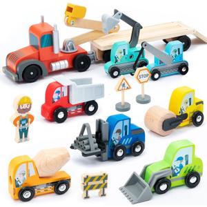 Umu Construction Toy Cars 14 PCS Wooden Kids Mini Vehicles for Toddlers, Compatible to Thomas Train Toys Railway and Major Brands, Best for 3 to 5 Year Old Boys and Girls