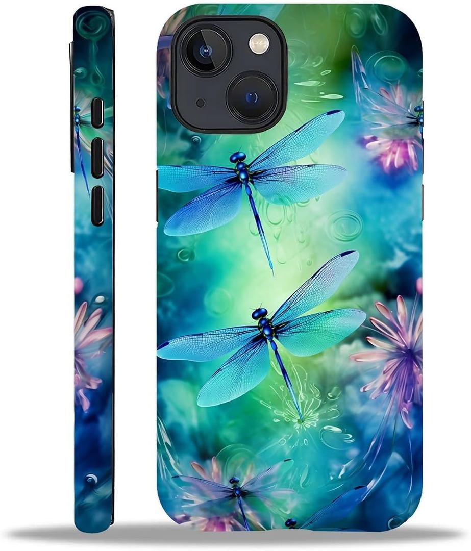 for iPhone 14 Plus Case, Blue Green Dragonfly Fantasy Pattern for Girl Women Boy Hard Hybrid Shell Shockproof Silicone Full Body Protective Frosted Case for iPhone 14 Plus