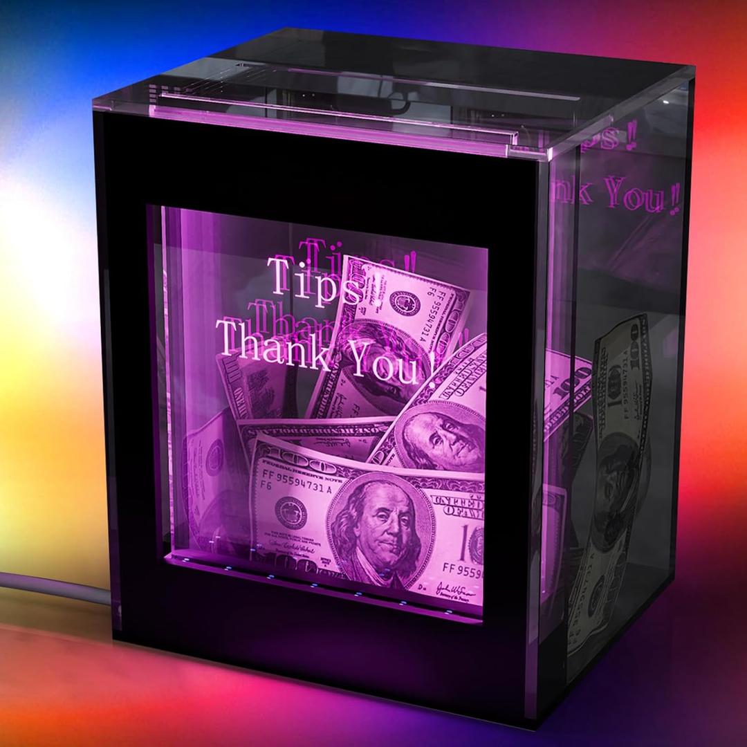 Lighted Up Tip Jar for Money with Lock and LED Light Acrylic Donation Box with Sign Holder ''Tips! Thank You!'' USB Powered Suggestion Box for Bartender Band Coffee Shop Restaurant