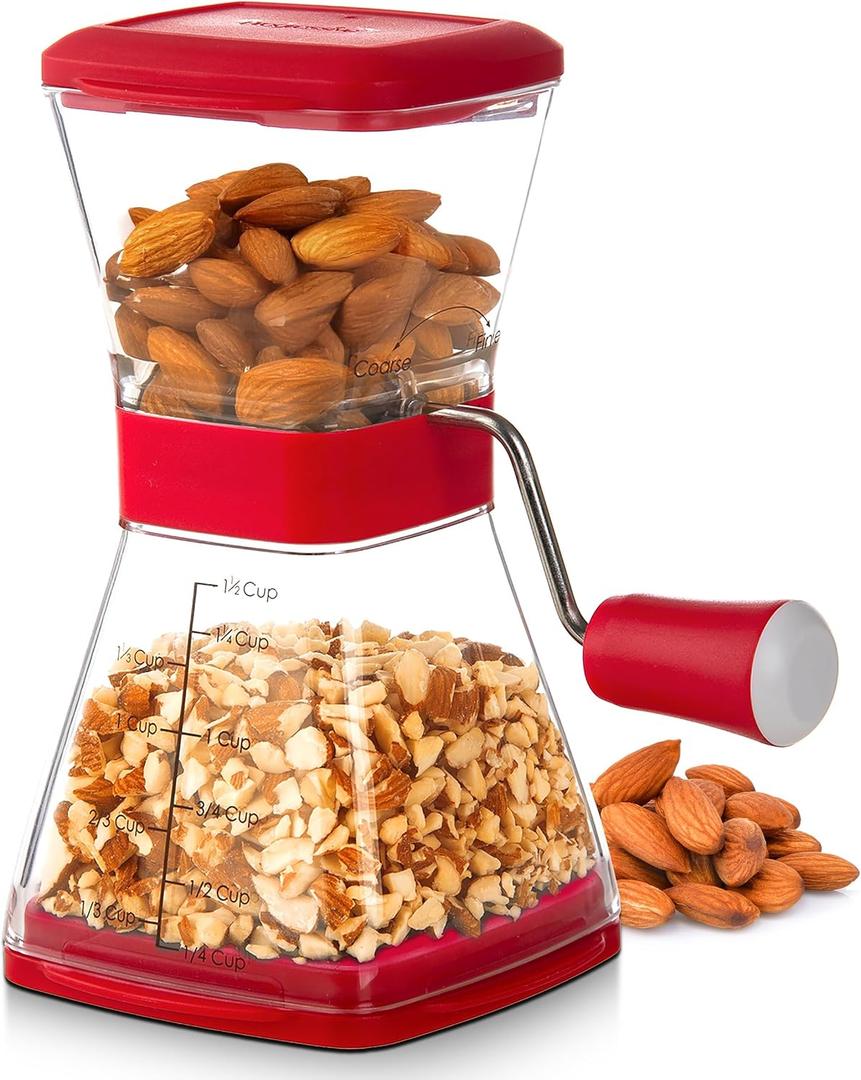 PrepWorks Nut Chopper  Manual Handheld Nut Grinder for Chopping Nuts, Seeds, and Herbs, Easy to Use, BPA-Free (Red)