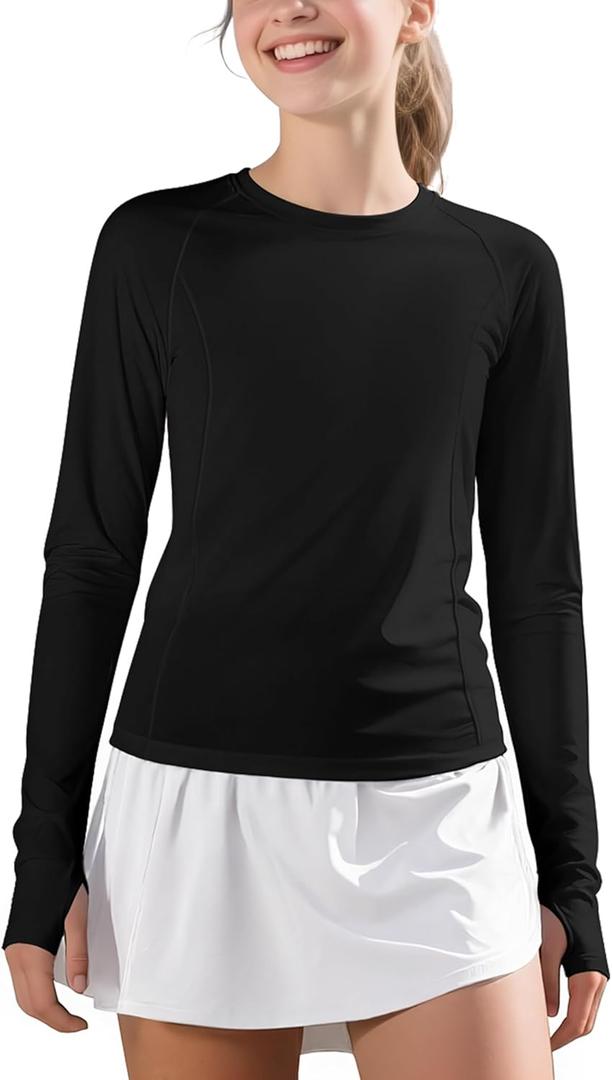 JOCMIC Girls Long Sleeve Shirts Athletic Shirt with Thumbholes Kids Crew Neck Basic Tee Tops for Sports Gym Yoga (13-14 Years, Black)