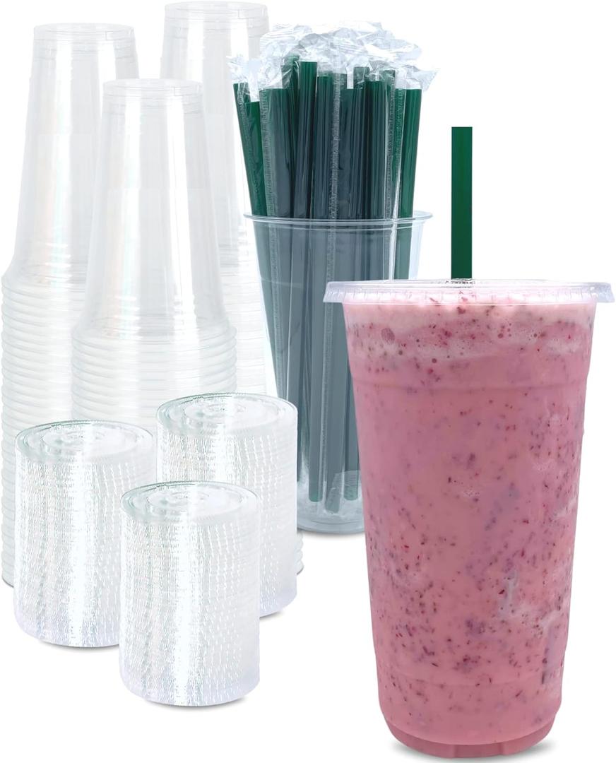 [100 SETS] 32 oz Clear Plastic Cups with Lids and STRAWS, Disposable Drinking Cups for Cold Drinks, Iced Coffee, Milkshakes, Smoothies (32oz.)
