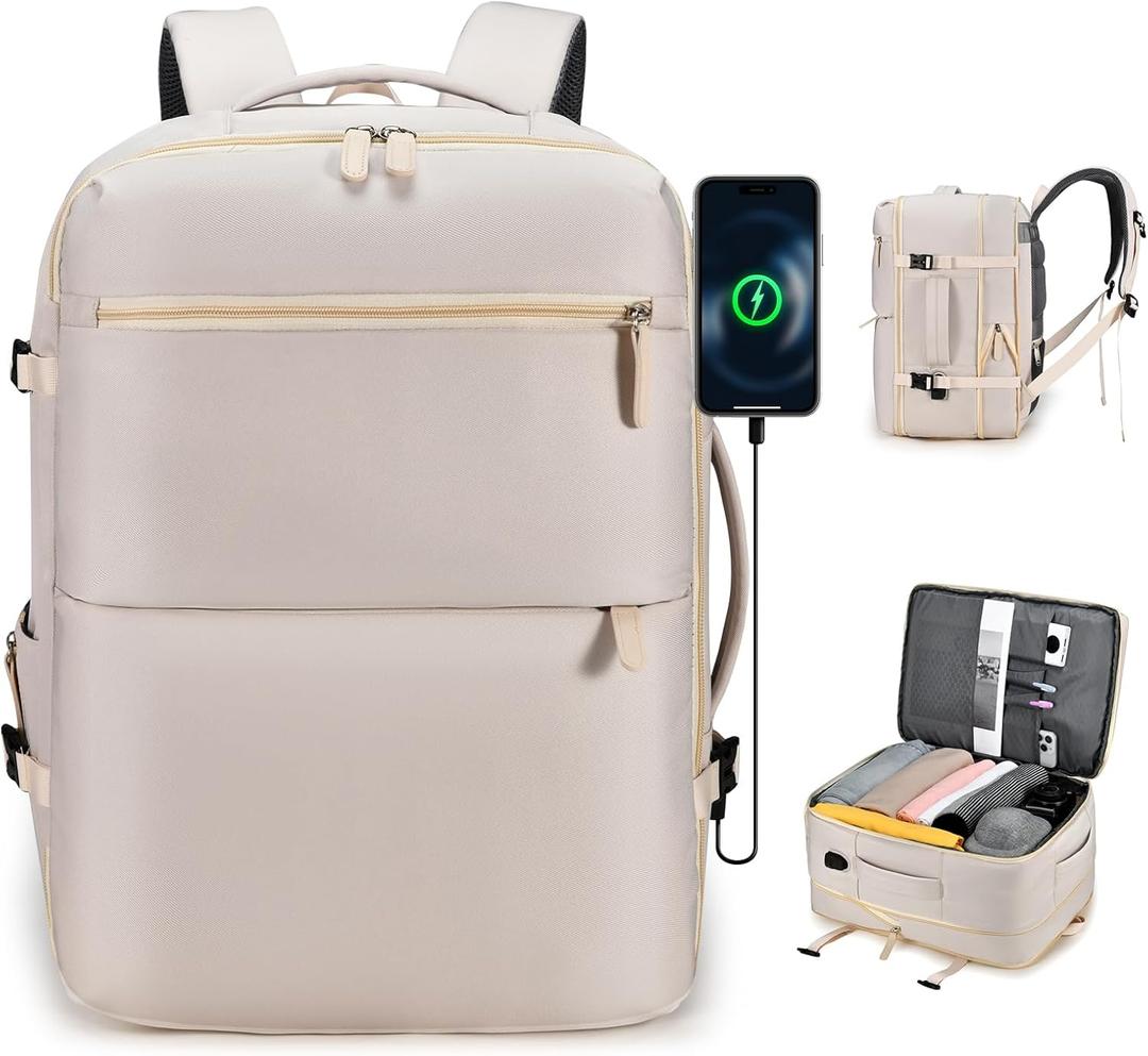 Expandable Carry On Travel Backpack,For Frontier Airlines Personal Item Bag 18x14x8 Underseat Travel Duffel Bag,17 inch Laptop Backpack Flight Approved (Beige)