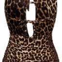 SOLY HUX Women's Leopard Halter Mini Dress Cheetah Print Deep V Neck Draped Sleeveless Ruched Bodycon Party Club Dresses (Black, XL)