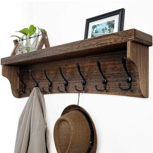WEBI Rustic Coat Rack Wall Mount with Shelf, 35" Long Wall Shelf with Hooks Underneath, 7 Triple Hooks for Hanging Jacket, Bathroom, Entryway, Weathered Brown (35 Inch, Weathered Brown)