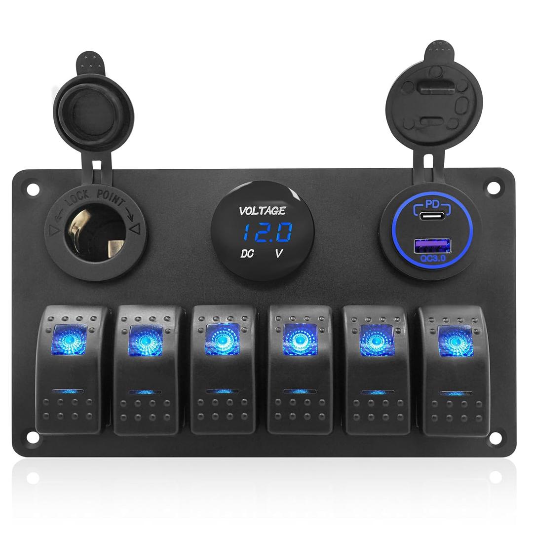 THALASSA Marine Boat Rocker Switch Aluminum Panel Waterproof with 6 Gang Blue LED Switches, 3.1A Dual USB Outlet, Red Digital Voltage Display, DC 12V Car Power Socket for Car Truck RV Vehicles Yacht