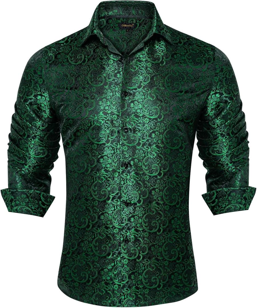 DiBanGu Mens Long Sleeve Button Down Shirt,Satin Shiny Dress Shirt for Men Solid Regular Fit Shirts with Pocket Wedding Party (Medium, Emerald Green Floral) DiBanGu Mens Long Sleeve Button Down Shirt,Satin Shiny Dress Shirt for Men Solid Regular Fit Shirts with Pocket Wedding Party (Medium, Emerald Green Floral)
