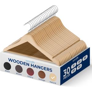 SereneLife 30-Pack Heavy Duty Wooden Hangers  Solid Wood Clothes Hanger Set with 360 Swivel Hook, Pant Bar & Notches for Jackets, Suits, Dresses, and Tops  Natural Smooth Finish