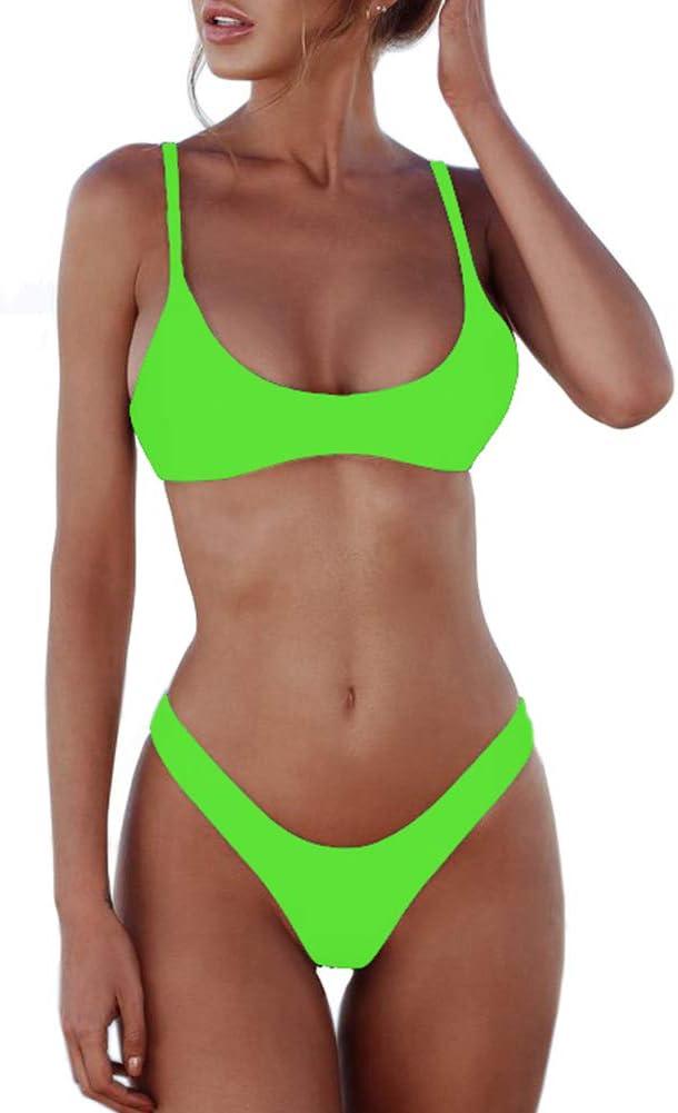 SherryDC Women's Solid Scoop Neck Push Up Padded Brazilian Thong Bikini Swimsuit Bathing Suit (Medium, Lime Green)