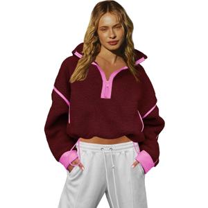 LAMISSCHE Half Zip Sweatshirt Women Oversized Sherpa Jacket V Neck Fleece Pullover Hoodie with Pockets (Small, Burgundy)