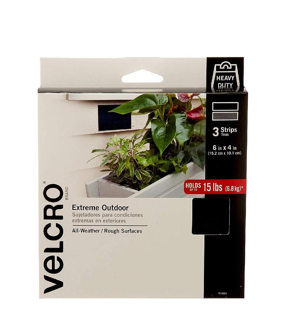 VELCRO Brand Outdoor Wide Heavy Duty Strips | 6" x 4" Pk of 3| Holds 15 lbs | Black Extreme Industrial Strength Adhesive Fasteners | Strong Weather Resistance for Rough Surfaces