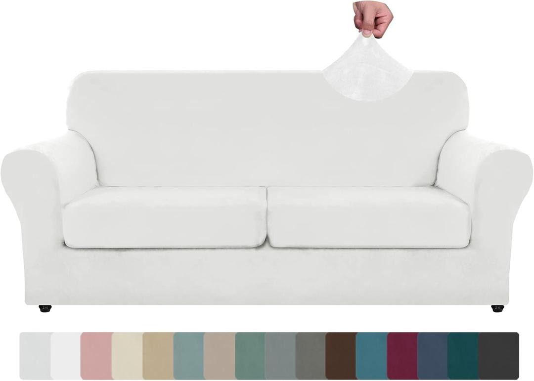 ZNSAYOTX Oversized Velvet 3 Piece Couch Cover with 2 Extra Large Seat Cushion Covers Stretch Sofa Cover for 2 Cushion Couch Thick Loveseat Sofa Slipcover for Living Room (White), 72"-92"(2 Cushions)