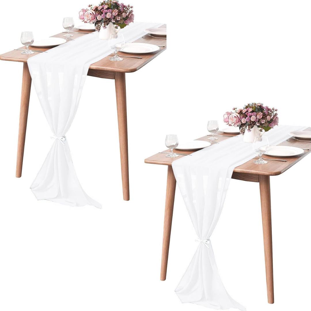 2 Pack 10Ft White Chiffon Table Runner Sheer 29x120 Inch for Romantic Wedding Decor Bridal & Baby Shower Birthday Rustic Party Decoration