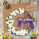 He is Risen Easter Decoration, Wooden Wreaths for Front Door Sign Cross Sign Door Wall Signs, Christian Jesus Lily Flowers Hanging Crafts for Spring Home, Easter Religious Gifts for Women, Men
