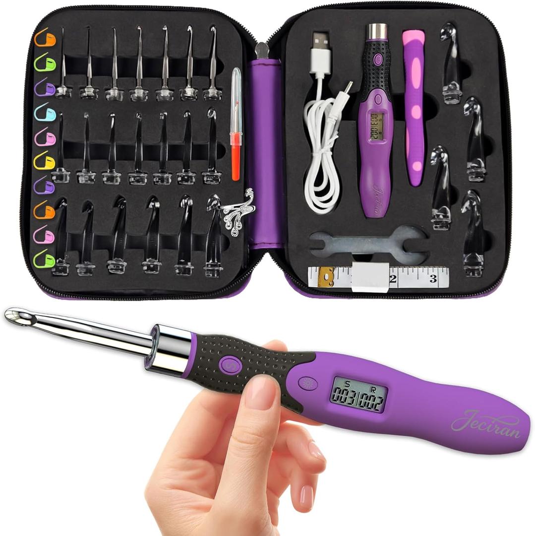 Upgraded Counting Crochet Hook Set - 24-in-1 Interchangeable Hooks Kit - Light Up, Digital Stitch & Row Counter- No Need to Move Fingers- Ergonomic for Arthritic Hands - Cool Gift