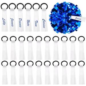 XunYee 48 Pcs Cheer Pom Pom Name Tags, Soft Polyester Tie Ribbon Labels for Cheerleaders Personalized Gear Tags for Cheer Team, Pep Rally, Camp Gifts HTV & Embroidery Ready, 5" x 0.9"