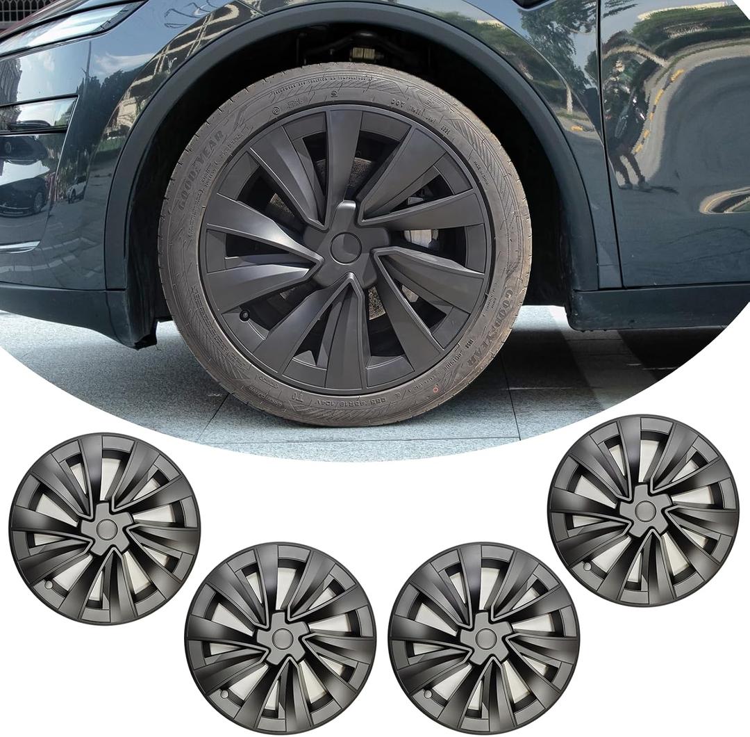 4Pcs Hubcaps for Tesla Model Y Juniper 2025-2026 Accessories - 19 Inch Wheel Covers Compatible with Tesla Model Y Juniper Exterior Accessories - Snap-On Installation (Turbine Shape-Matte Black)