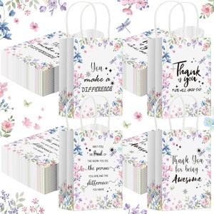 Gueevin 40 Pcs Employee Appreciation Gifts Bulk Thank You Bags CNA Gift Bags Bulk Paper Snack for Staff Teacher Team End of The Year Staff(Floral,White)