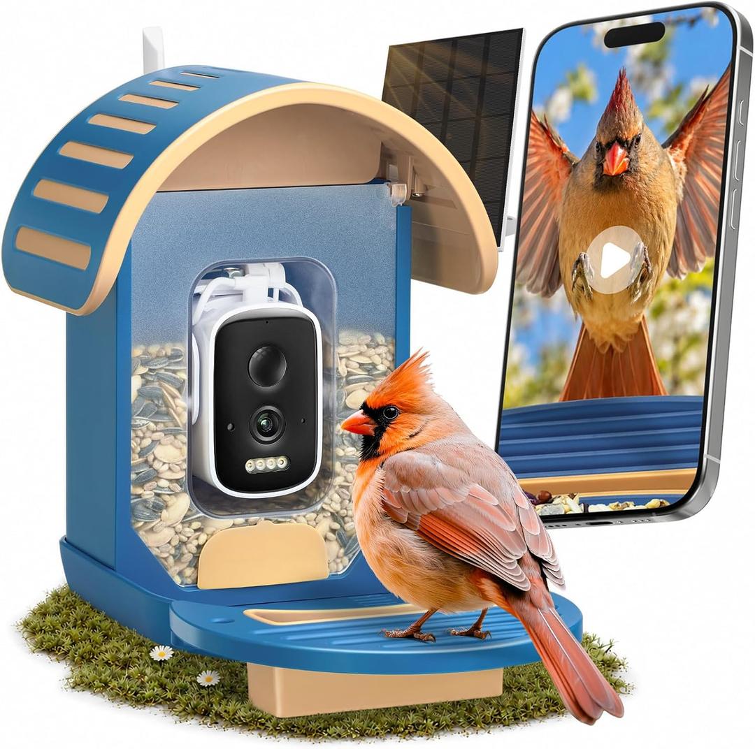 Smart Bird Feeder with Camera, Blue | 2.5K UHD, AI Bird Species Identification, Solar Powered, 2.4G WiFi, IP66 Waterproof Outdoor, Instant Alerts, Gift
