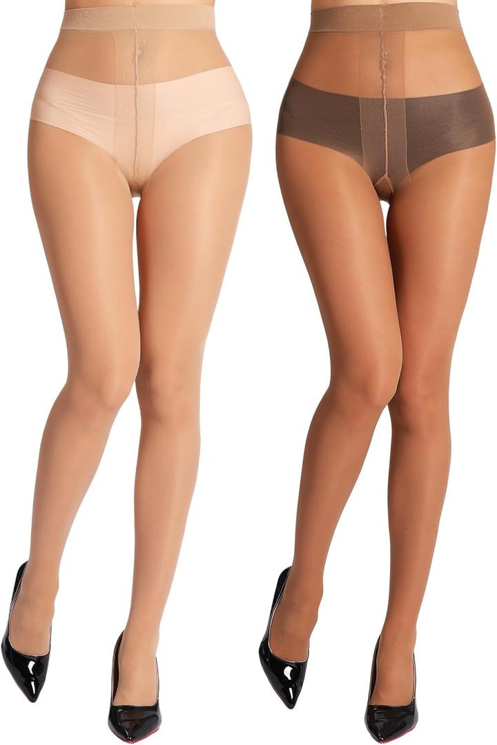 MERYLURE Sheer Black Tights for Women T-Crotch 20D Ultra Thin Pantyhose High Waist Stockings Reinforced Toes 2 Pairs (Beige, L)