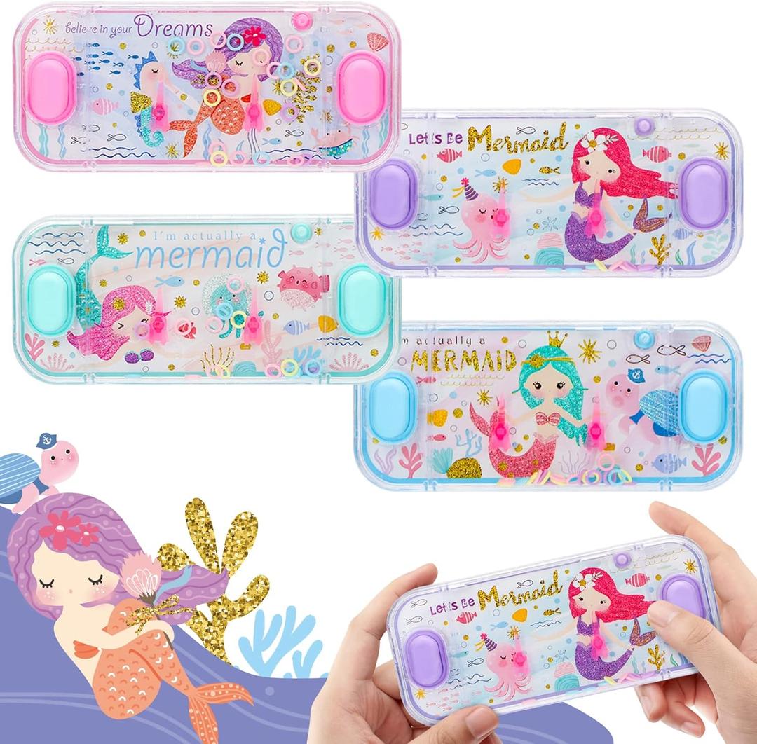 Handheld Water Games, 4 Packs Mermaid Theme Water Toss Ring Game Aqua Toy Water Ring Game for Kids Handheld Stocking Stuffers