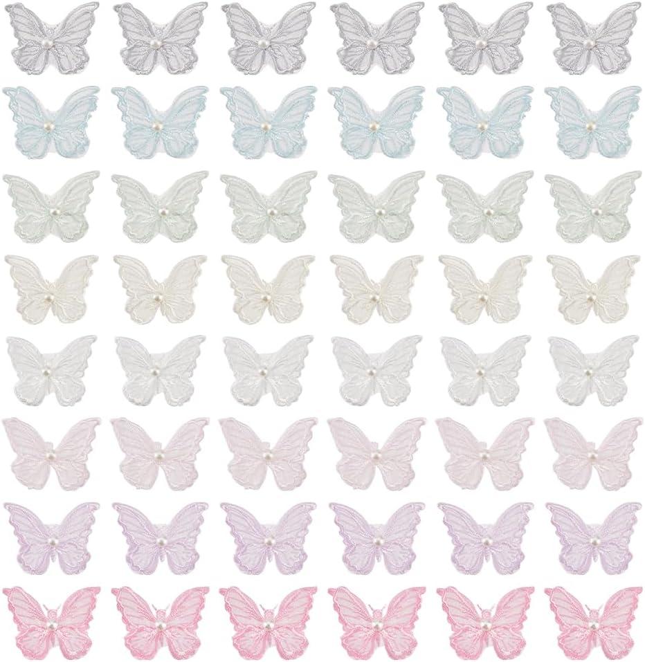 FINGERINSPIRE 48 PCS 8 Colors Butterfly Lace Patches Double Layered 3D Butterfly Organza Patches with Imitation Pearl Butterfly Sewing Embroidery DIY Patches for Party Wedding Bridal Dress Decoration