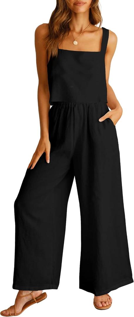 ANRABESS Women's 2 Piece Outfits Linen Pants Jumpsuit Matching Lounge Set Casual Summer Beach Vacation Trendy Clothes (Medium, Black)